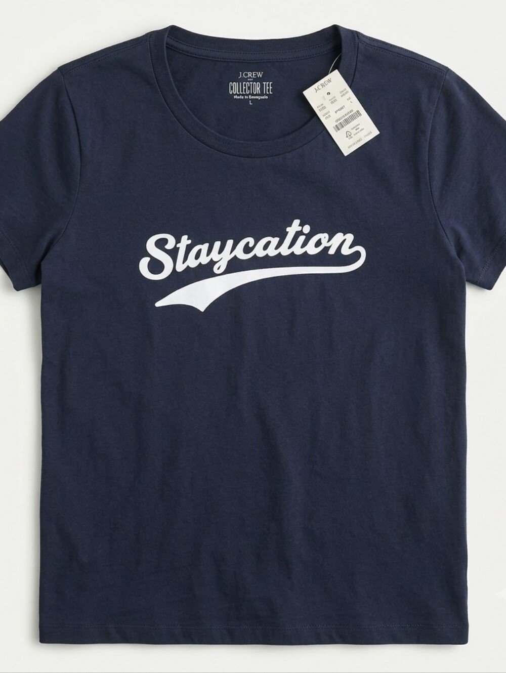 J. Crew Collector's Navy Tee with White "Staycation" Script. NWT - L
